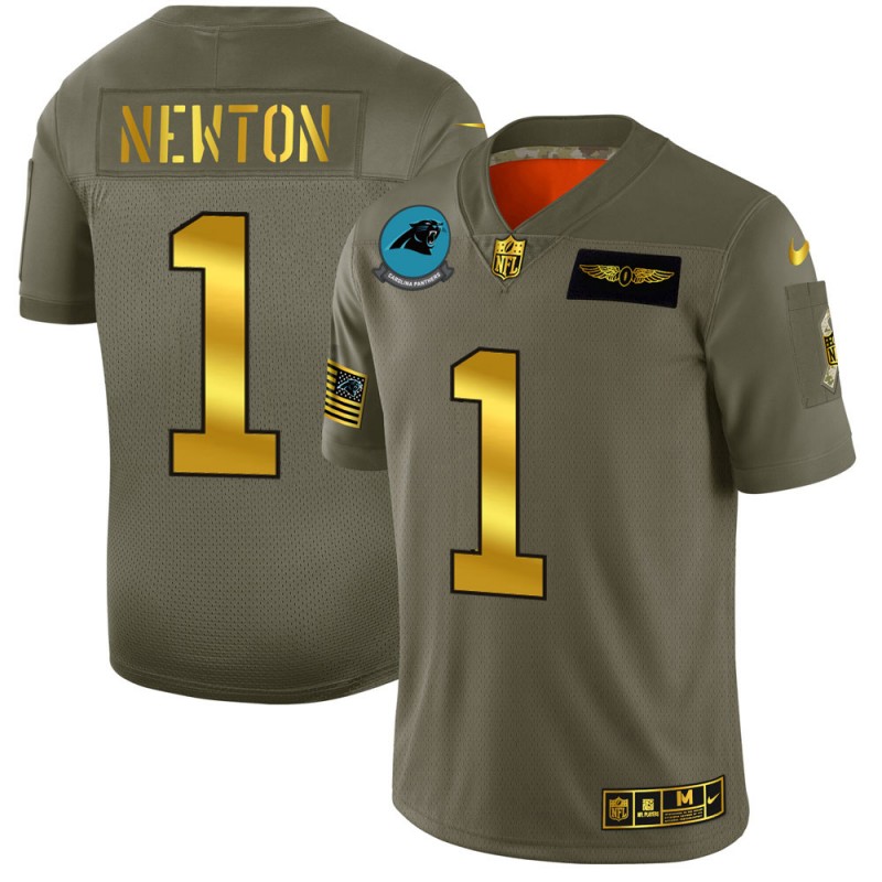 Men's Carolina Panthers #1 Cam Newton 2019 Olive/Gold Salute To Service Limited Stitched NFL Jersey
